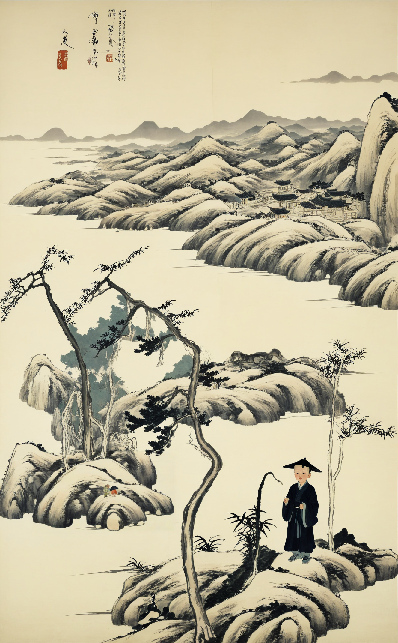 <lora:å«å¤§å±±äººç»é£-000009:0.8>,chinese Landscape painting,highres,looking_at_viewer,1boy,