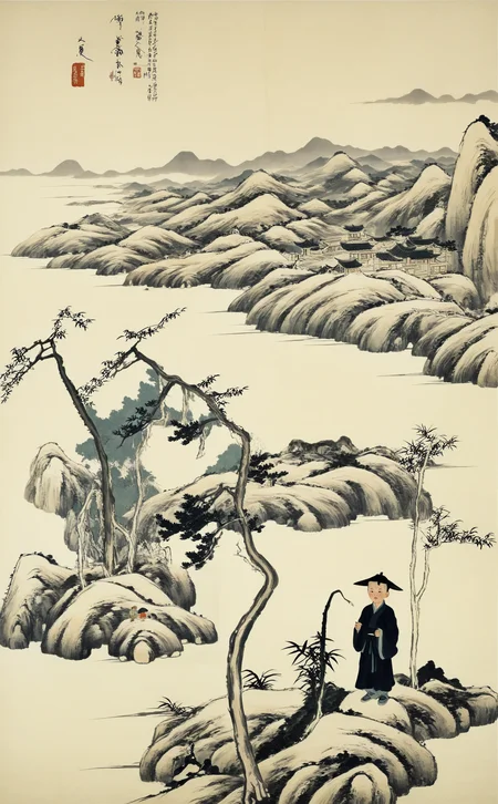 <lora:å
«å¤§å±±äººç»é£-000009:0.8>,chinese Landscape painting,highres,looking_at_viewer,1boy,