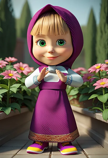 score_9, score_8_up, score_7_up BREAK midjourneylora MashaB, 1girl, short blonde hair, blunt bangs, green eyes, buckteeth, purple headdress, sleeveless purple dress, long-sleeved white shirt, purple shoes, yellow outsoles, source_3d, 3d, photorealistic, full body, solo, solo focus, alone, happy at viewer, flower garden background, flower garden outdoors,