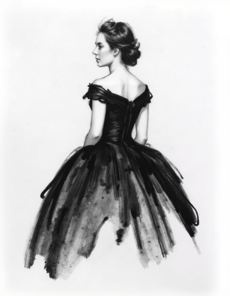 Minimalist charcoal drawing of a Beautiful woman in a rich victorian dress. Drawn with large charcoal smudges. almost abstract. Less detailed. Simple drawing.<lora:Charcoal.safetensors:1.0:1.0>