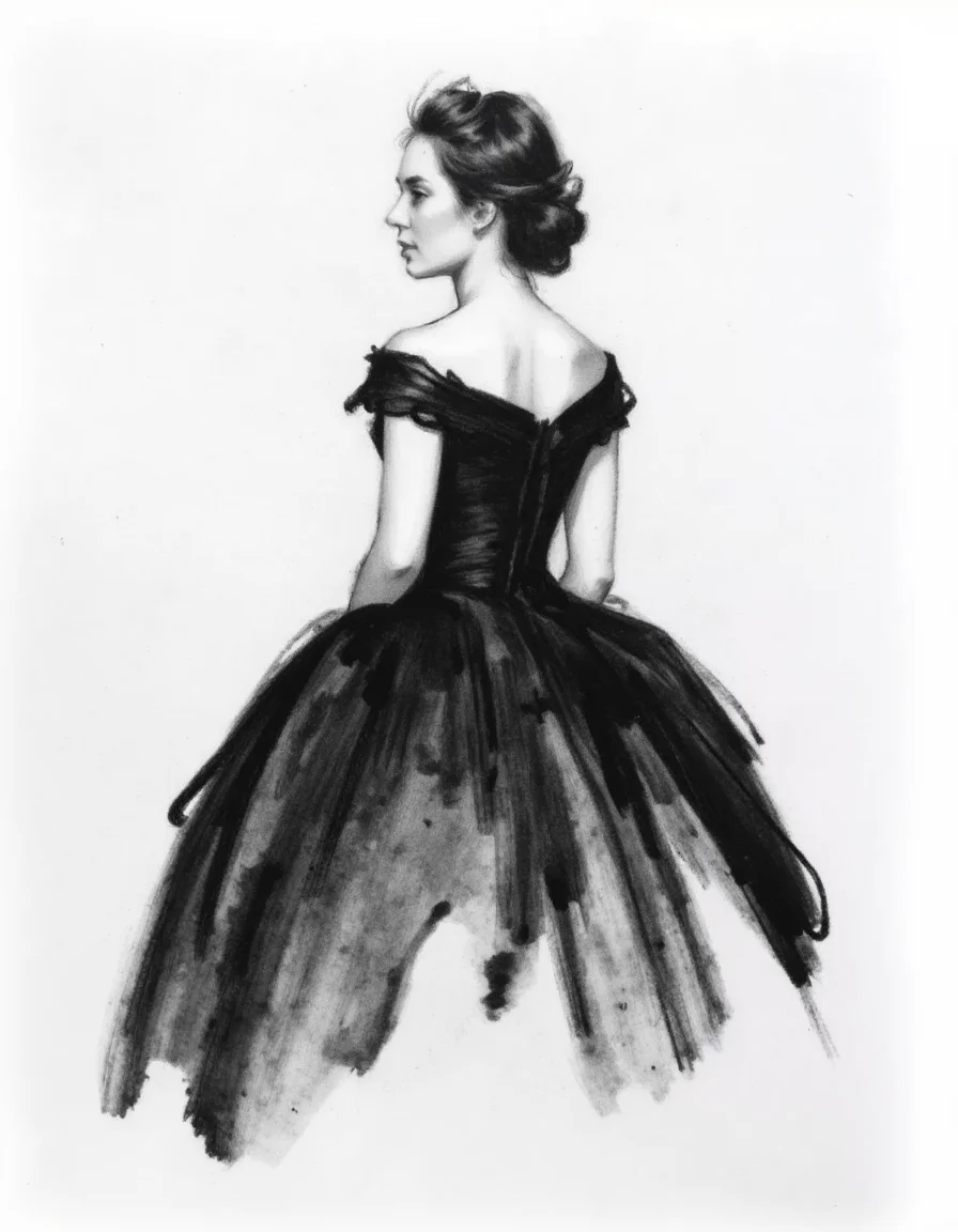 Minimalist charcoal drawing of a Beautiful woman in a rich victorian dress. Drawn with large charcoal smudges. almost abstract. Less detailed. Simple drawing.<lora:Charcoal.safetensors:1.0:1.0>