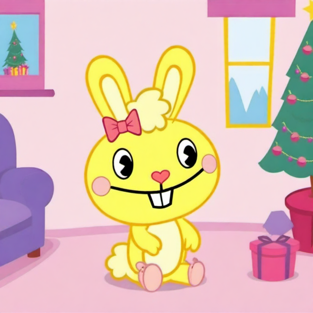 cartoon, a cute yellow rabbit with pink sleepers, smile, in a livingroom , christmas tree, gift <lora:Cuddles1024:0.8> <lora:lcm_lora_sdxl:1>