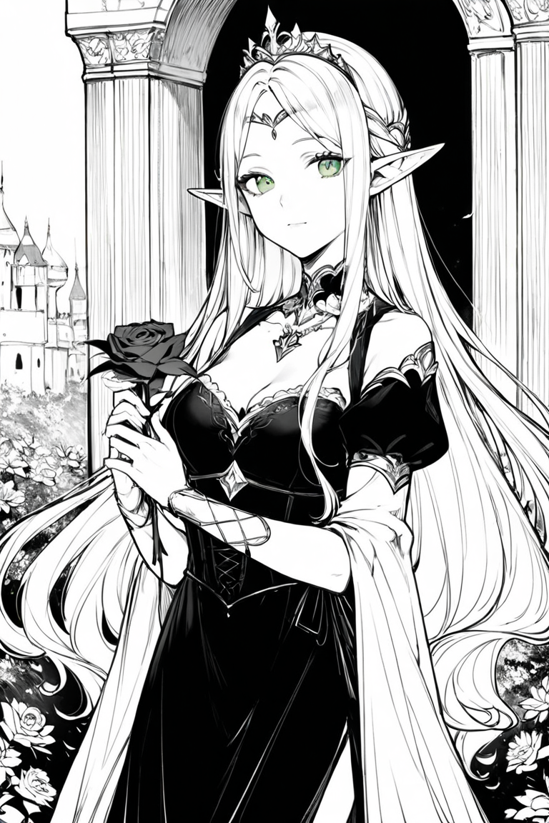 score_9, score_8_up, score_7_up, rating_safe, monochrome, greyscale, 1girl, solo, elf, pointy ears, breasts, long hair, very long hair, white hair, green eyes, portrait, looking at viewer, black dress, tiara, silver tiara, holding, holding flower, rose, red rose, necklace, jewelry, cowboy shot, standing, outdoors, castle <lora:Line Art Style LoRA XL:0.8>