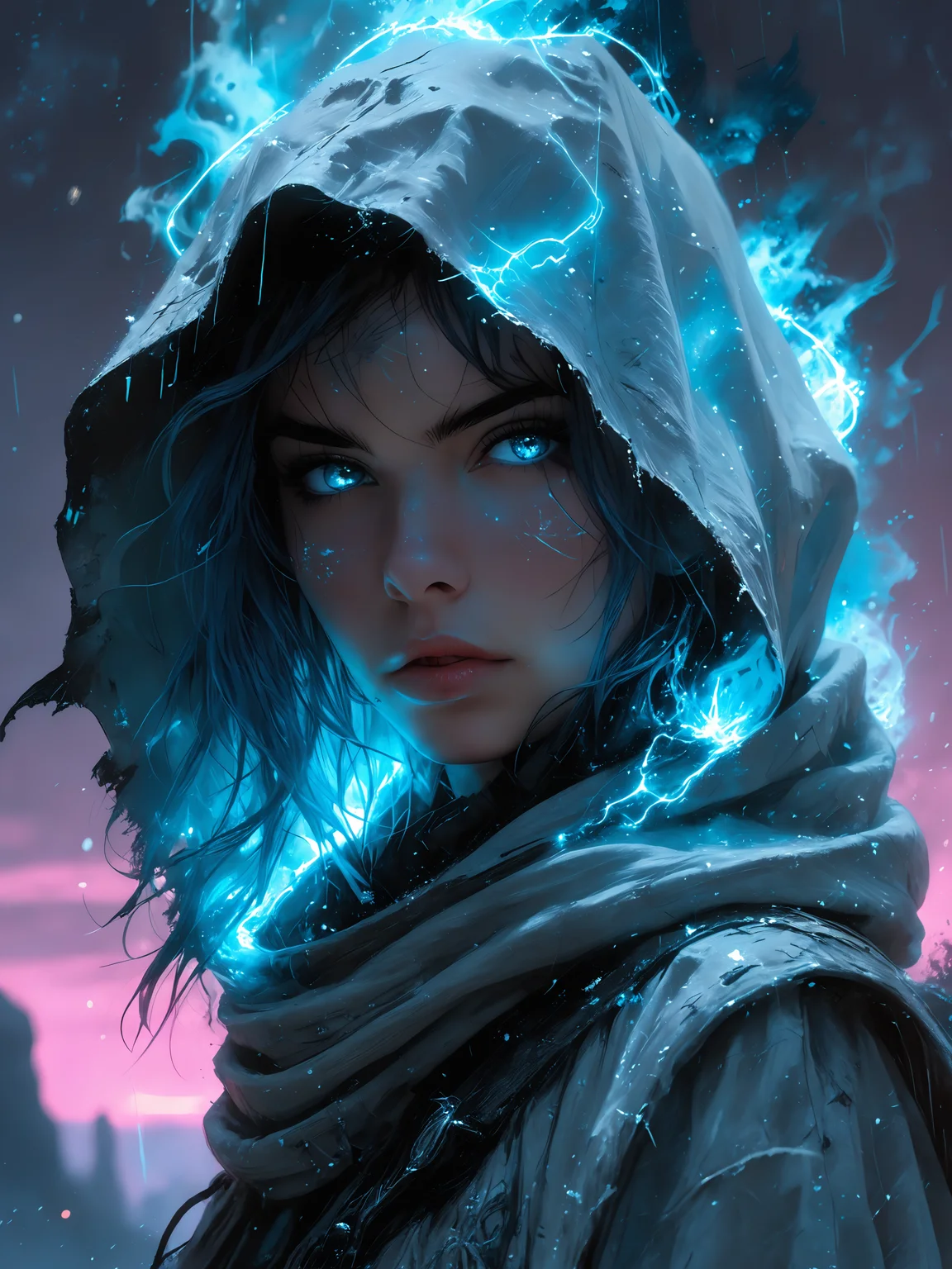 a portrait of a hooded young punk woman, set amidst white and sky-blue auroras, incorporating cosmic plasma markings that evoke a sense of Chemiluminescent Impressionism, (LOW-KEY:1.2) <lora:HellJourney_XL_V12024-08-01_09-12-39-save-2806-8-0:0.6> <lora:incase-ilff-v3-4:0.4> <lora:Fant5yP0ny:0.4> <lora:zavy-cntrst-sdxl:1.0>