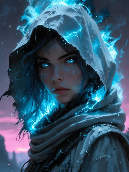 a portrait of a hooded young punk woman, set amidst white and sky-blue auroras, incorporating cosmic plasma markings that evoke a sense of Chemiluminescent Impressionism, (LOW-KEY:1.2) <lora:HellJourney_XL_V12024-08-01_09-12-39-save-2806-8-0:0.6> <lora:incase-ilff-v3-4:0.4> <lora:Fant5yP0ny:0.4> <lora:zavy-cntrst-sdxl:1.0>