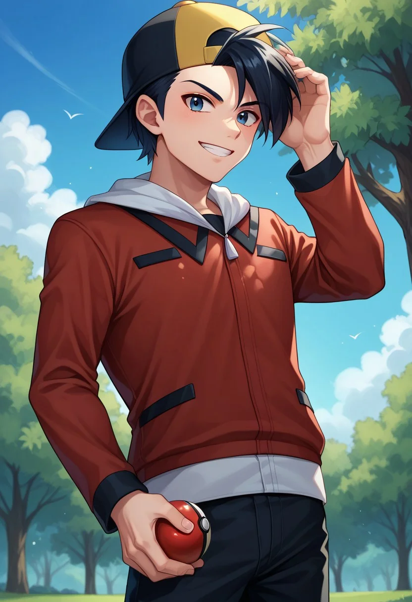 score_9, score_8_up, score_7_up, source_anime, highly detailed,
pokegold, male focus, 1boy, hat, solo, jacket, backwards hat, holding, poke ball, holding poke ball, red jacket, poke ball (basic), smile, black hair, baseball cap, short hair, pants, long sleeves, standing,
upper body, hand on headwear, looking at viewer,
outdoor, tree, sky,