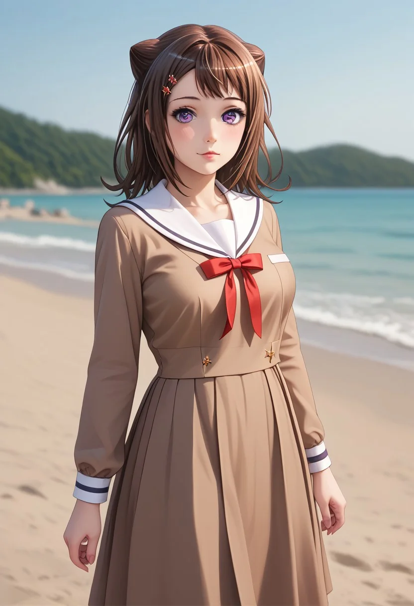 score_9,score_8_up,score_7_up,score_6_up, masterpiece, best quality, high quality, ultra detailed, detailed, beautiful, exquisite, insanely detailed, hyper detailed, godrays, realistic photo,
1girl,
kasumi, purple eyes, brown hair,
cone hair bun, cone hair bun, star (symbol), star hair ornament, hair bun,
big breasts, nail enamel,
hanasakigawa school uniform, brown dress, long sleeves, sailor dress, red ribbon,
on the beach
in focus with blurred background,