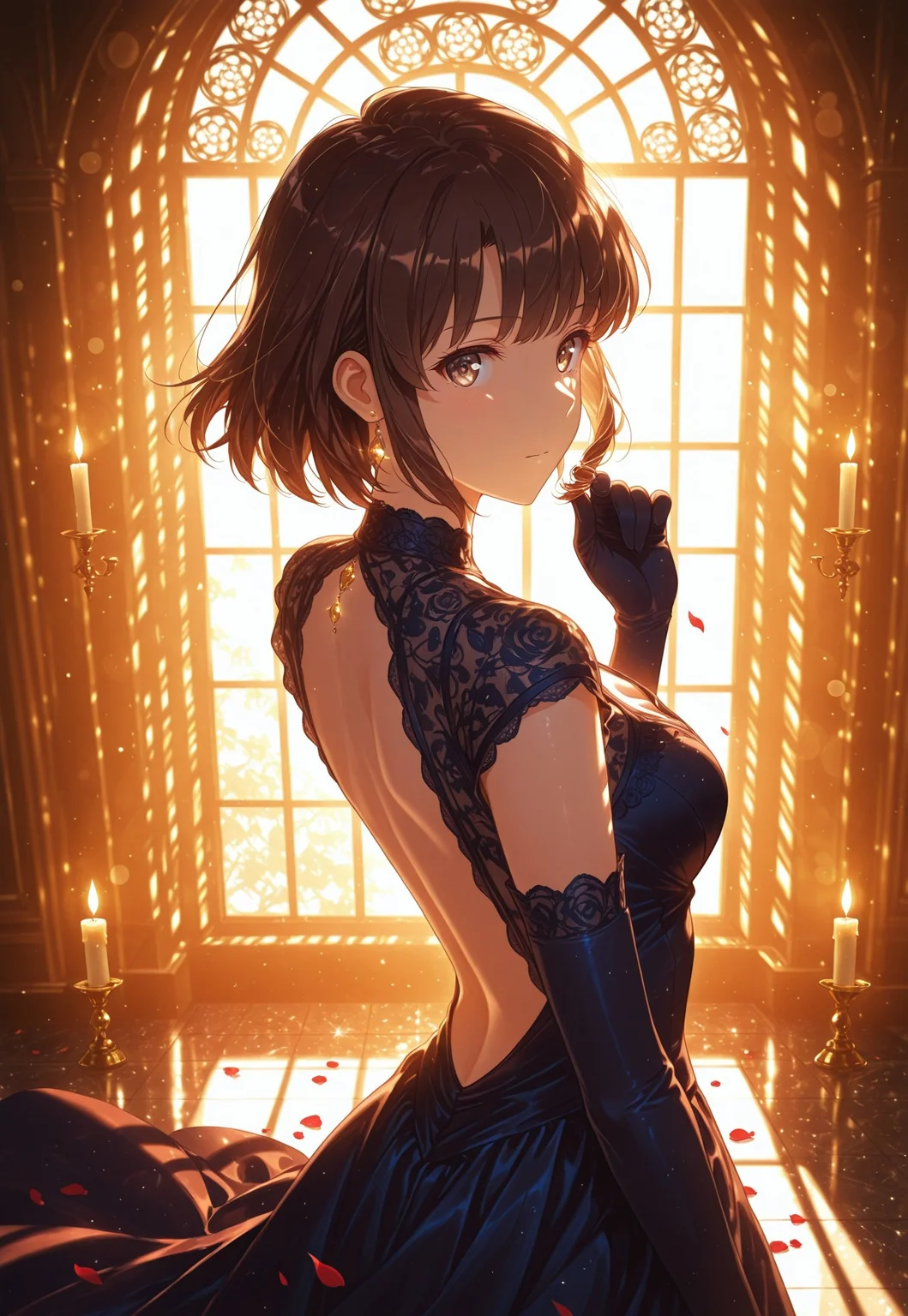 safe_pos, safe_pos, 1girl, solo, Megumi <lora:IL-KatoMegumi:0.8>,brown hair,katou megumi,brown eyes,medium breasts,short hair hair,deadpan eyes,((detailed eyes))
grand ballroom, golden chandeliers, soft candlelight, tall arched windows , backless gown, intricate lace patterns, navel, cleavage, delicate elbow gloves, twirling hair, rose petals, warm ambient lighting, elegant and mesmerizing pose, looking at viewer,
dynamic angle, (close-up shot), from back, from 45 degrees, cinematic framing, cool toned lighting,(digital painting:0.8), mythp0rt, bokeh,
elegant, masterpiece, best quality, highly detailed, high contrast, dramatic shadows, raytracing