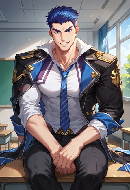 safe_pos, Score_9, Score_8_up, Score_7_up, best quality, shading, shading detailed, countershading, Expressiveh, dynamic scene, inside classroom, anime
(((solo))), 1boy, bara, masculine, male focus, ba jayce, handsome face, blue hair, blue eyes, short hair, pale skin, muscle, big arms, big chest, thick thighs, detailed skin, skin shading, open jacket, white shirt, blue necktie, jacket on shoulders, pants, manspreading, smirking at viewer, sitting on desk, crossing leg, sitting casually
