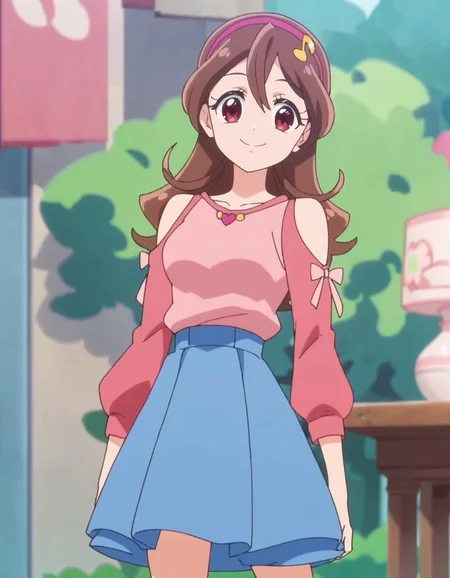 score_9, score_8_up, score_7_up, anime screencap, solo,1girl,sakurauta, smile, blue skirt, hairband, looking at viewer,long sleeves, shoulder cutout, pink shirt,cowboy shot,medium breasts<lora:sakurauta_pony_v2:0.8>
