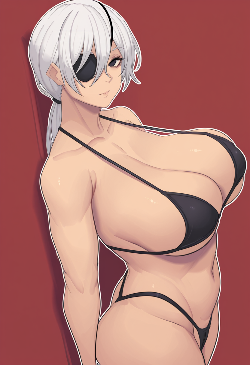 masterpiece, best quality, 
 <lora:metal_owl:1> m3t4l0wl3,
1girl, solo,
Sideways,
looking at viewer, 
quanxi \(chainsaw man\), eyepatch, white hair,, large breasts,
bikini, thong, , 
simple background, Red  background, outline,