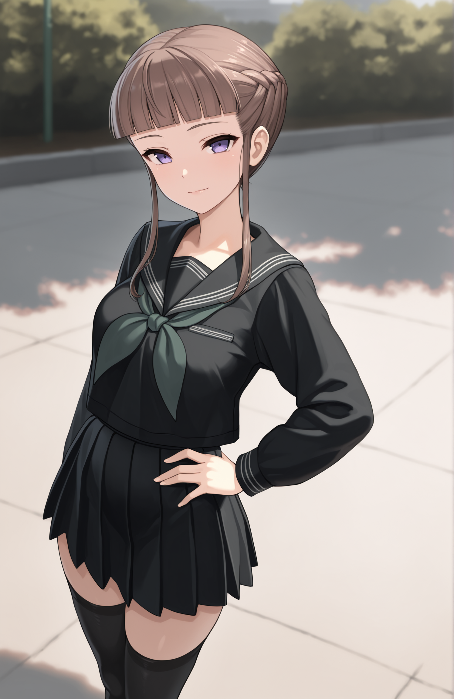 masterpiece, best quality,  1girl, blunt bangs, purple eyes, brown hair, short hair, sidelocks, half up braid, black serafuku, green neckerchief, pleated skirt, black skirt, black thighhighs, solo, outdoors, standing, hand on own hip, light smile, looking at viewer, <lora:Nemu NXL2:1>