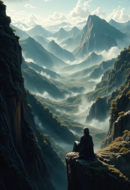 An adventurer in a long cloak sits on a cliff, overlooking a rugged mountain range embracing dense, time-worn forests shrouded in thick fog. Craggy rock faces and textured, ancient trunks highlighted in soft, golden light evoke an ethereal atmosphere. Intricate, crisp details, vibrant emerald greens and earthy browns interlace with subtle gradients, captured from a dramatic low-angle dynamic tracking perspective that celebrates expansive spatial composition. 8k masterpiece quality, refined natural textures, and emotive interplay of light and shadow amplify the serene ambiance of this majestic landscape. mythp0rt,