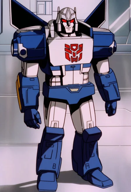 score_9, score_8_up, score_7_up, animation, transformers, 1boy, robot, Decepticon, Tall, bulky, Seeker, Starscream glowing eyes, red eyes, large eyes, circular eyes, Black armor, Forard swept wings, transforms into futuristic Stelth Mig Fighter Jet, full body, cowboy shot, smiling, holding null ray blasters, Decepticon Symbol <lora:StarScream1.2:1>