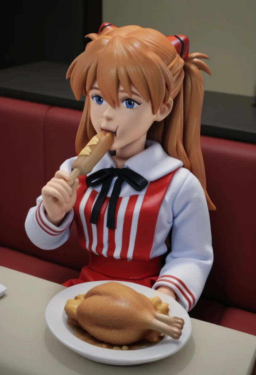 r0b0style, 3d figure, masterpiece, best quality, solo, asuka langley, ginger hair, sitting in kfc, chicken drumstick on plate, eating,
