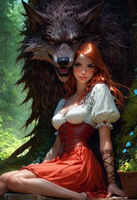 score_9, score_8_up, score_7_up, score_9, score_8_up, score_8, realistic, 3/4 pic, 19 year old sexy woman, brown eyes, detail eyes, detail face, focus on face, perfect face, Little red riding hood, sitting under a tree, (((big dark wolf laying beside her))), dark forrest, looking at viewer, she has a wicker basket with a lid beside her, orange brown lether corset , short red mini skirt, skirt floting in wind, big round breast, seductive body, cute sexy pose, petite body, flirtatious look, forest background, 8k detail, smooth image, detailed face,