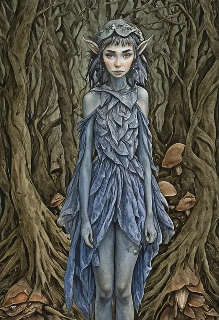 A detailed watercolor portrait of a female elf with a quirky and playful appearance. The elf has fine features, with pointy ears, black eyes and a serene expression. It stands upright, wearing multiple layers of clothing. The background is filled with mushrooms and twisted trees, creating an enchanting yet eerie atmosphere. The color palette is predominantly cool tones, with shades of blue and grey. The overall style is reminiscent of a fantasy sketchbook illustration, with intricate shading and a sense of ethereal beauty. <lora:Froud-000006:1>, <lora:Perfect Hands:0.8>