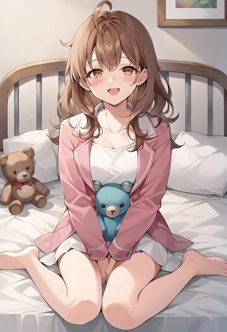 score_9, score_8_up, score_7_up, source_anime,maria, 1girl, solo, long hair, looking at viewer, blush, smile, open mouth, brown hair, shirt, long sleeves, brown eyes, sitting, collarbone, jacket, white shirt, ahoge, frills, open clothes, barefoot, indoors, open jacket, pillow, bare legs, bed, on bed, wariza, stuffed toy, teddy bear, pink jacket, depth of field