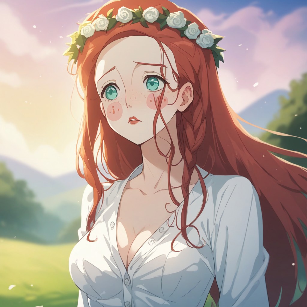 score_9, score_8_up, score_7_up, source_anime, expressive, anime,  dynamic, 1girl, white skin, blush_stickers and freckles, long hair, red hair, red_lips, aqua_eyes, shy, blush, uncensored, (S1GR1DTotG), source_hentai, unbuttoned, white_dress, breasts, blurry_background, head_wreath,