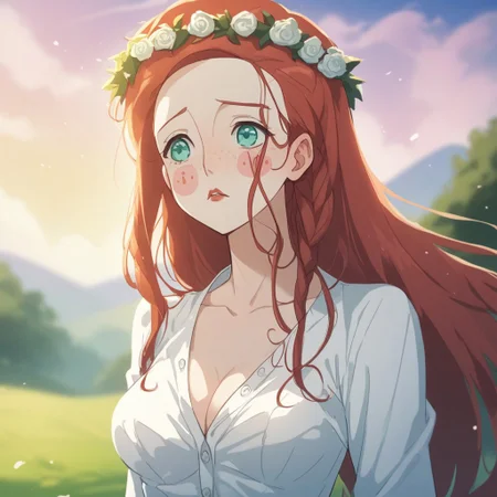 score_9, score_8_up, score_7_up, source_anime, expressive, anime, dynamic, 1girl, white skin, blush_stickers and freckles, long hair, red hair, red_lips, aqua_eyes, shy, blush, uncensored, (S1GR1DTotG), source_hentai, unbuttoned, white_dress, breasts, blurry_background, head_wreath,