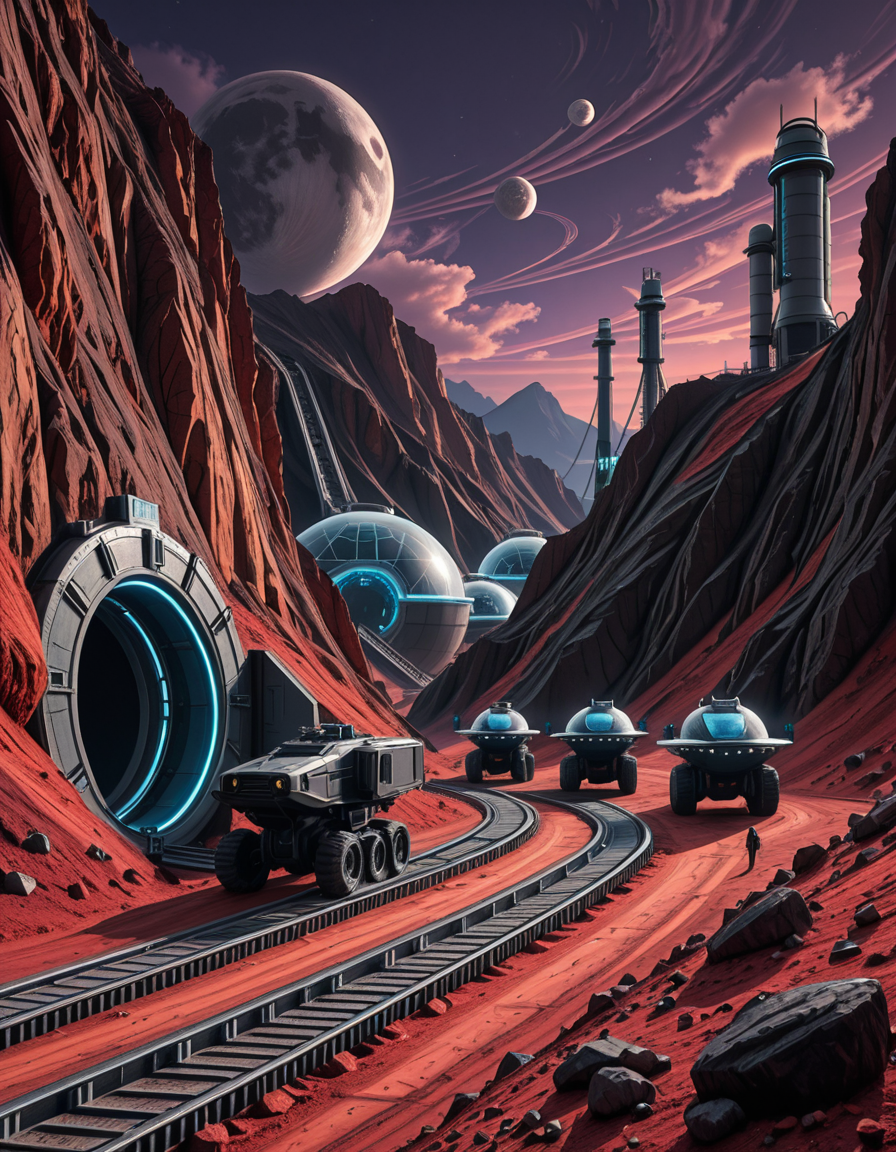 A futuristic mining outpost on a distant, rocky planet with a harsh, alien landscape. The mine entrance is a massive, reinforced metal tunnel carved into the side of a jagged, dark-red mountain. Advanced, glowing blue energy lights line the entrance, illuminating the metallic tracks that lead deep underground. Large, heavily-armored mining vehicles with mechanical arms and drills are stationed nearby, extracting rare minerals from the rock. The ground is covered in fine, reddish dust, kicked up by the movement of autonomous robotic drones that transport ore to a towering industrial refinery in the background. The sky is a deep, dark purple with swirling clouds and two distant moons casting a cold, eerie glow. In the distance, futuristic habitation domes with transparent walls house workers in protective exosuits, their silhouettes visible inside. A neon-lit control tower monitors operations, its holographic screens displaying real-time data. The atmosphere is both desolate and technologically advanced, evoking a sense of exploration and survival on the edge of the galaxy.
<lora:SDXLFaeTastic2400:0.4> <lora:extremely_detailed:0.4> extremely detailed,futuristic mining 0utp0st, <lora:futuristic_mining_0utp0st-i:1>, Masterpiece,best quality,hi res,8k,hi res,8k,award winning,(sharp focus, intricate, highly detailed),