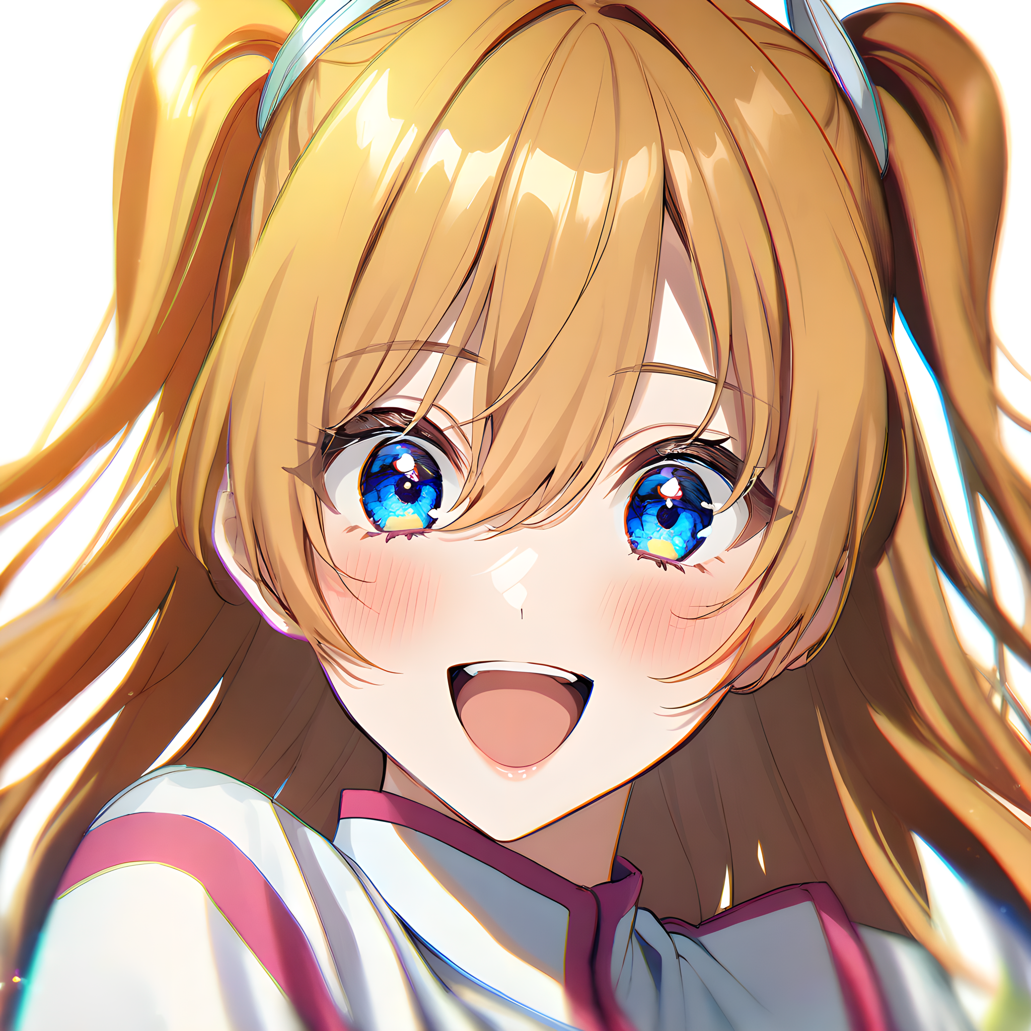 amano_ririsa, 1girl, solo, open mouth, smile, looking at viewer, blonde hair, blush, long hair, chromatic aberration, two side up, white background, blue eyes, bangs, hair between eyes, upper body, <lora:XL-AmanoRirisa:1>
