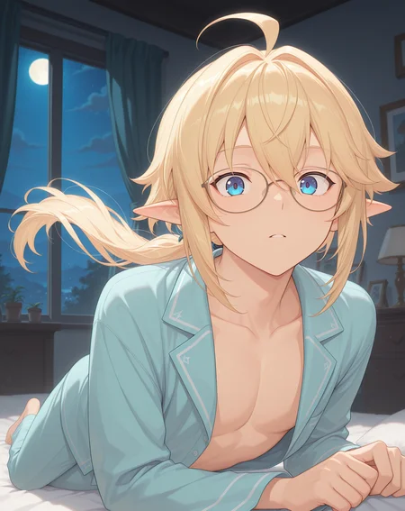 masterpiece,best quality,amazing quality, newest, very aesthetic, absurdres,
1boy, solo, yaoi, male focus, looking at viewer, full body, face focus, lying, on bed,
<lora:Grandiel_Likability_ilxl:1> likabilitygrandiel, pointy ears, blonde hair, blue eyes, long hair, glasses, hair between eyes, ahoge, low ponytail, floating hair, elf, sidelocks,
pajamas, open clothes,
indoors, night, dark room, bedroom,