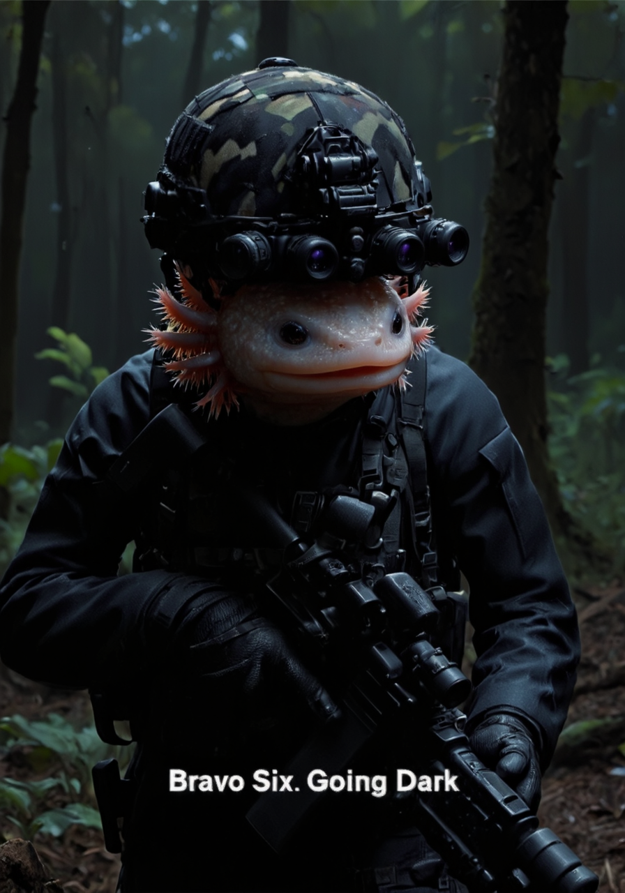 anthropomorphized axolotl wearing on head n0ds quad-tube panoramic optical device four horizontally aligned cylindrical green lenses attached to the front of the high tech multicam military helmet, dressed in black tactical military gear in a dark forest at night, white subtitles at the bottom "Bravo Six. Going Dark" the axolotl has pink frilly gills and round black eyes, axolotl<lora:n0ds_epoch_23.safetensors:1.0:1.0> <lora:Axomodel_Flux_V1.1.safetensors:1:1>