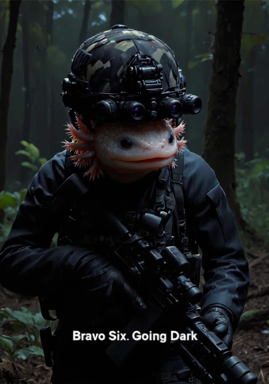anthropomorphized axolotl wearing on head n0ds quad-tube panoramic optical device four horizontally aligned cylindrical green lenses attached to the front of the high tech multicam military helmet, dressed in black tactical military gear in a dark forest at night, white subtitles at the bottom "Bravo Six. Going Dark" the axolotl has pink frilly gills and round black eyes, axolotl<lora:n0ds_epoch_23.safetensors:1.0:1.0> <lora:Axomodel_Flux_V1.1.safetensors:1:1>
