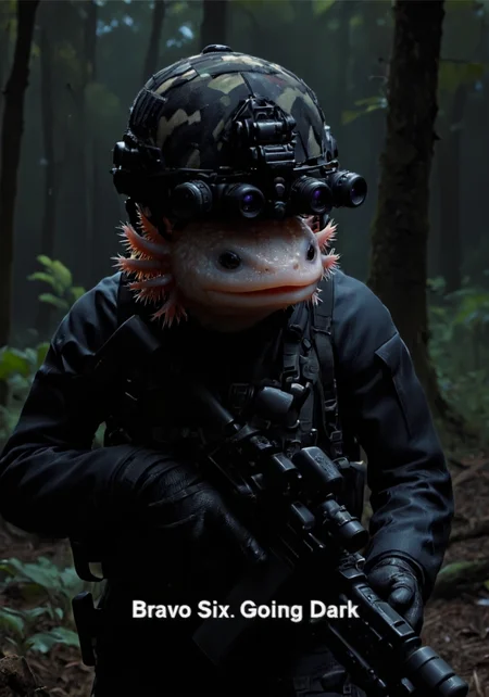 anthropomorphized axolotl wearing on head n0ds quad-tube panoramic optical device four horizontally aligned cylindrical green lenses attached to the front of the high tech multicam military helmet, dressed in black tactical military gear in a dark forest at night, white subtitles at the bottom "Bravo Six. Going Dark" the axolotl has pink frilly gills and round black eyes, axolotl<lora:n0ds_epoch_23.safetensors:1.0:1.0> <lora:Axomodel_Flux_V1.1.safetensors:1:1>