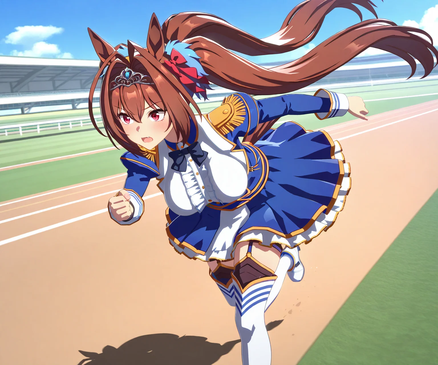masterpiece, best quality, amazing quality, , 1girl, solo, umamusume, racetrack, running, <lora:Daiwa Scarlet in game style 3D:1> ummsmingame, 3d, daiwa scarlet \(umamusume\),