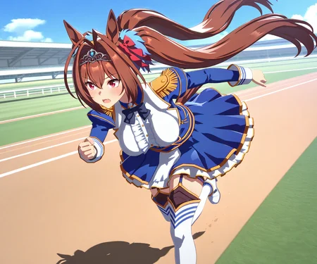 masterpiece, best quality, amazing quality, , 1girl, solo, umamusume, racetrack, running, <lora:Daiwa Scarlet in game style 3D:1> ummsmingame, 3d, daiwa scarlet \(umamusume\),
