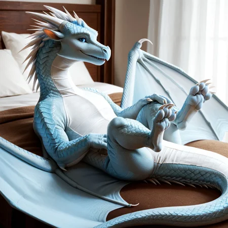 score_9, score_8_up, score_7_up, score_6_up, score_5_up, score_4_up, masterpiece, high quality, realistic, detailed, best quality, white bedroom, solo, rating_safe, source_furry, bedroom, smiling, seductive look, happy, detailed eyes, detailed face, looking at viewer, lying on back, Icewing_wof, dragon, horns, claws, wings, tail, icewing spikes, white scales, 1girl, female, blue eyes, feral