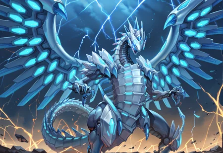 (score_9:0.9),score_8_up,score_7_up,rating_safe,anime style,(zPDXL),(zPDXL3),
<lora:blue eye chaos max dragon ponyXL v1.2:0.84>,mecha dragon, blue eye chaos max dragon, glowing eyes, solo, sharp teeth, electricity, open mouth, blue theme, spread wings, energy