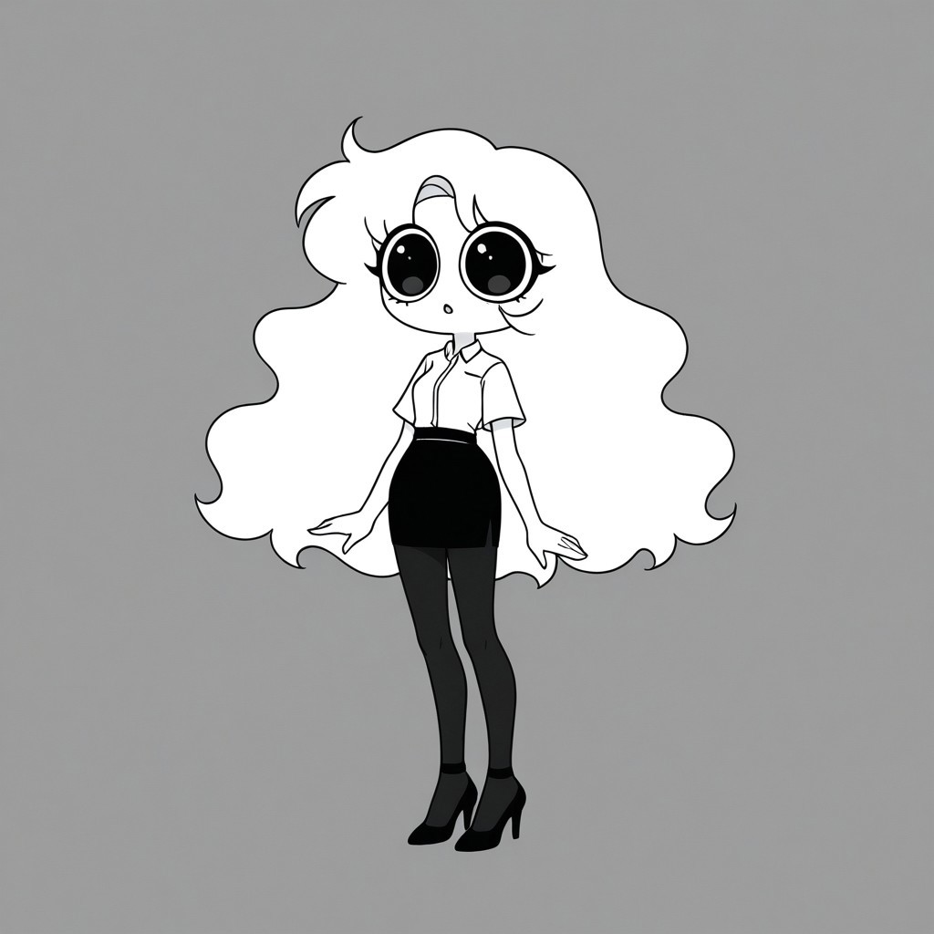 Xiaro, 1girl, solo, monochrome, big eyes, long wavy white hair, white short-sleeved office shirt, black skirt, black pantyhose, black heels
 cartoon, simple, minimalist, plain style