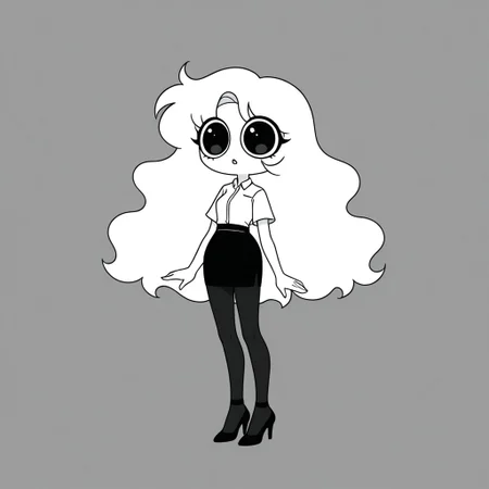 Xiaro, 1girl, solo, monochrome, big eyes, long wavy white hair, white short-sleeved office shirt, black skirt, black pantyhose, black heels
 cartoon, simple, minimalist, plain style