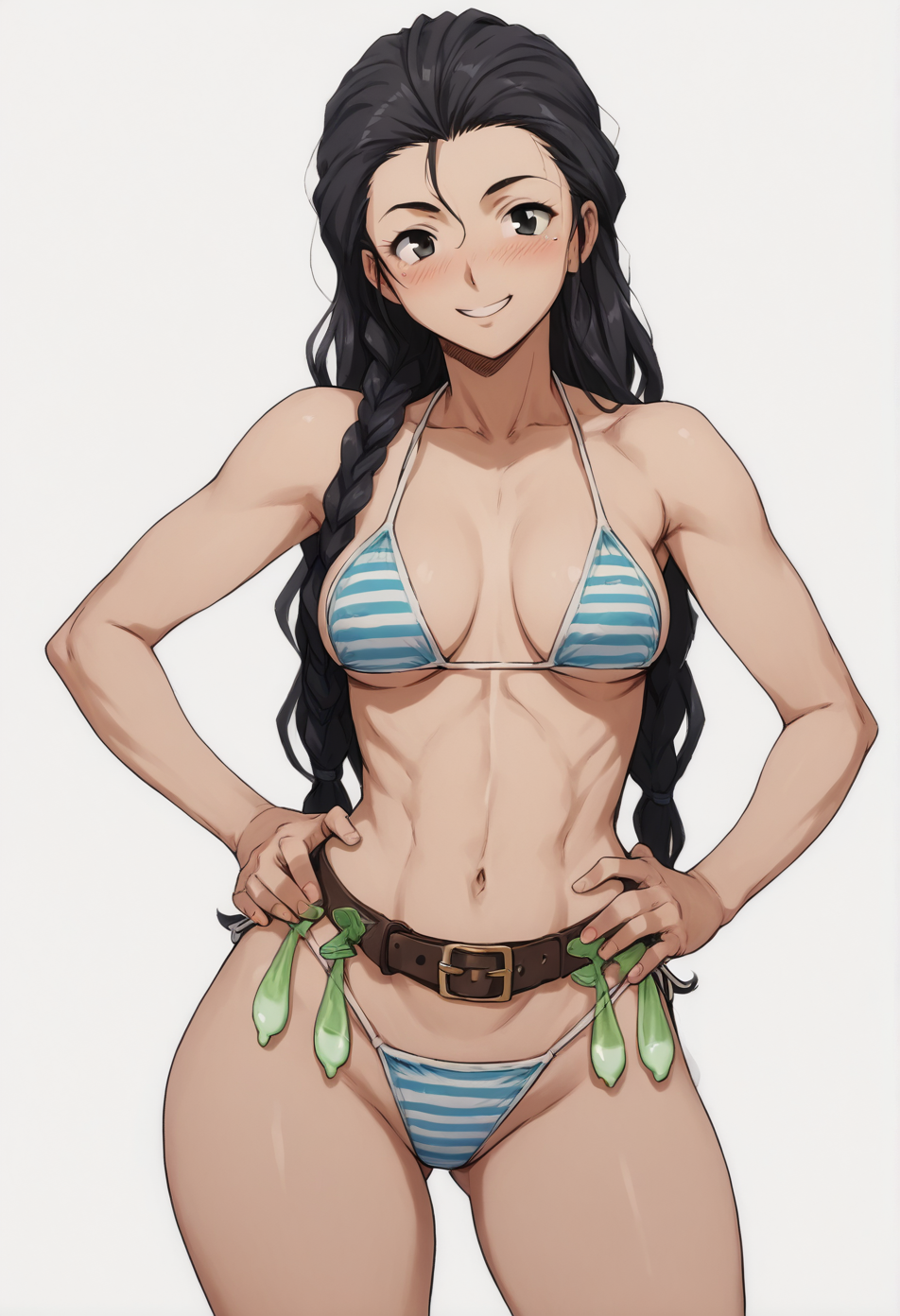 1 girl,  view from front,
standing, hands on own hips,
looking at the viewer, smile, blush,
braid, long hair, black hair,
medium breasts, narrow waists, wide hips,
striped bikini, string bikini,
condom belt,
white background, simple background,
<lora:Concept_XL_Pony_Condom_Belt:1> <lora:80s_Anime_Woman:1> 80swa, score_9, score_8_up, score_7_up, score_6_up, score_5_up, score_4_up,