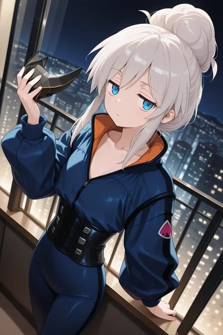 1girl,
DeuxMurasameGundamGQ, DMPilotSuit,
general, solo, perspective, dutch angle, upper body,
grey hair, blue eyes, colored eyelashes, collarbone,
jitome,
unworn mask,
blue bodysuit,
looking at viewer, holding mask,
night, apartment, glass wall, balcony, soft lighting,
depth of field,
<lora:kp_DeuxMurasameGundamGQIllustrious_v1_1:1.0>,
masterpiece, best quality, amazing quality