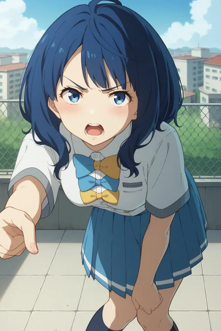score_9, score_8_up, score_7_up, source_anime, 1girl, prefect lighting, very aesthetic, intricate details, highly detailed background, masterpiece, high quality, prefect hands, best quality, solo,
<lora:Anna_Yanami_Too_Many_Losing_Heroines_V1:.85>, KJOanna, blue hair, blue eyes, medium hair,
school uniform, blue pleated skirt, kneehighs, short sleeves, bow,
leaning forward, pointing at viewer, looking at viewer, angry, blush, open mouth,
rooftop,
(Beautiful, small Breasts:1.2), natural breasts,