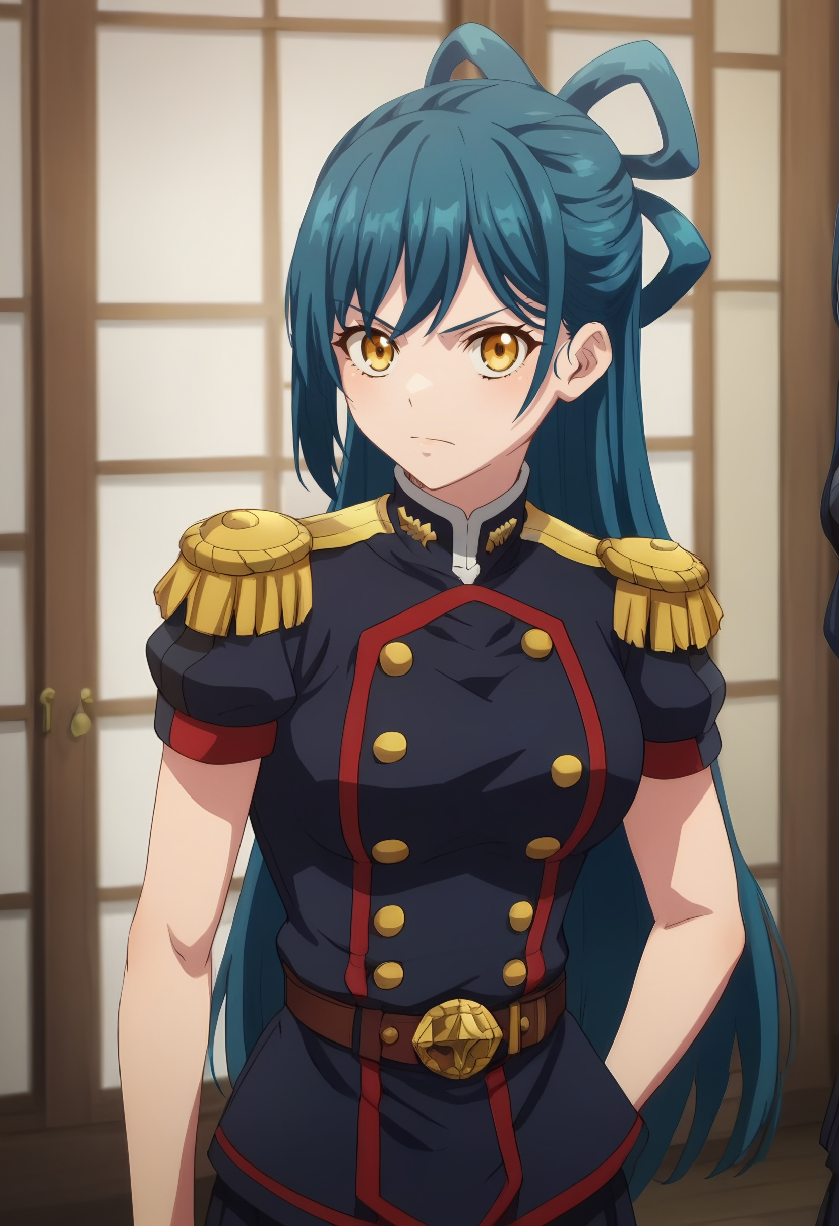 score_9, score_8_up, score_7_up, score_6_up, score_5_up, score_4_up,  BREAK source_anime, himari azuma, long_hair, yellow_eyes, blue_hair, 1girl, solo, , bangs, , epaulettes, uniform, military_uniform, looking at viewer,  <lora:Himari AzumaX2:1> cowboy shot