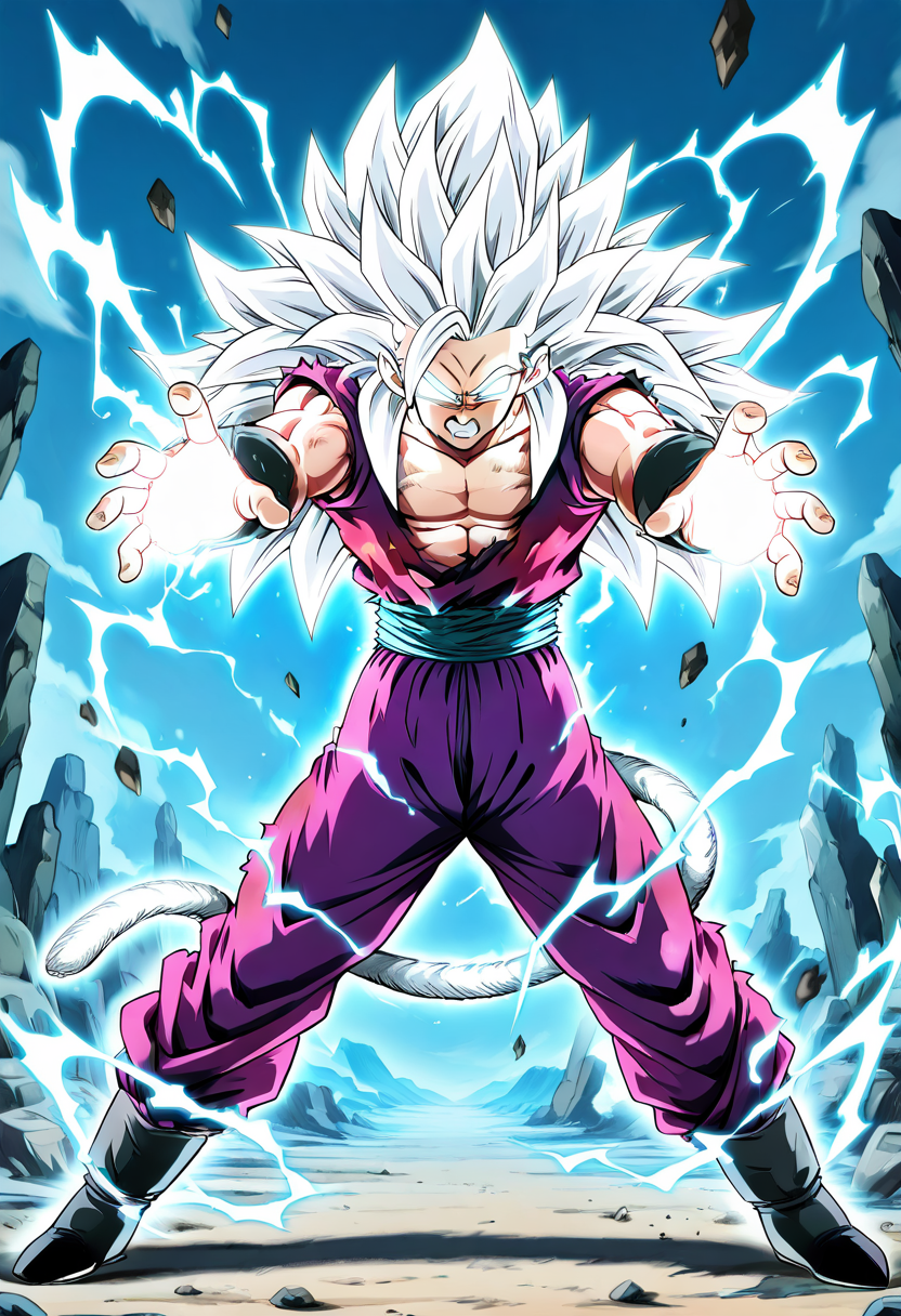 masterpiece, best quality,   dbzhyp3AAB, solo, long hair, 1boy, tail, full body, white hair, male focus, teeth, pants, torn clothes, muscular, abs, aged down, muscular male, spiked hair, clenched teeth, angry, electricity, male child, dougi, super saiyan, purple pants, son gohan, glowing eyes,   ,    <lora:DragonballHype_NAI:1.0>,