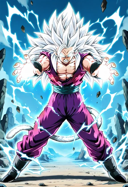 masterpiece, best quality, dbzhyp3AAB, solo, long hair, 1boy, tail, full body, white hair, male focus, teeth, pants, torn clothes, muscular, abs, aged down, muscular male, spiked hair, clenched teeth, angry, electricity, male child, dougi, super saiyan, purple pants, son gohan, glowing eyes, , <lora:DragonballHype_NAI:1.0>,