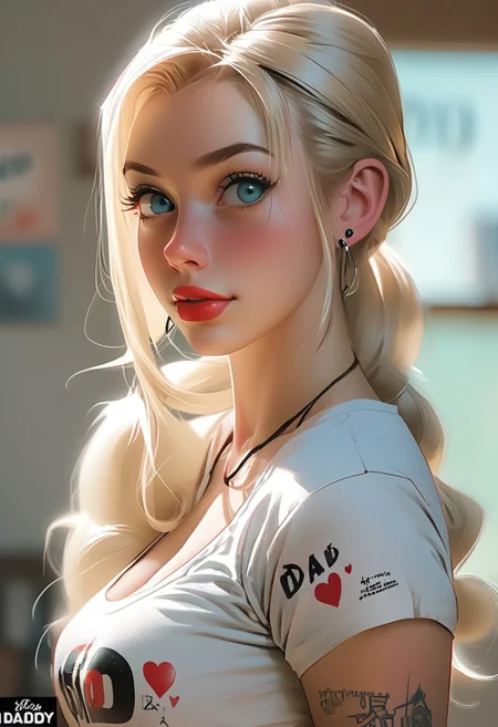 eye catching, Heterochromia  , sexy blonde,  pinup country girl, lifted sexy t-shirt text:"I LOVE Daddy!" , nipples visible, ponytail, , pinup pose, , fantasy aesthetic, soft light,, ,,,  OverallDetail, , drab