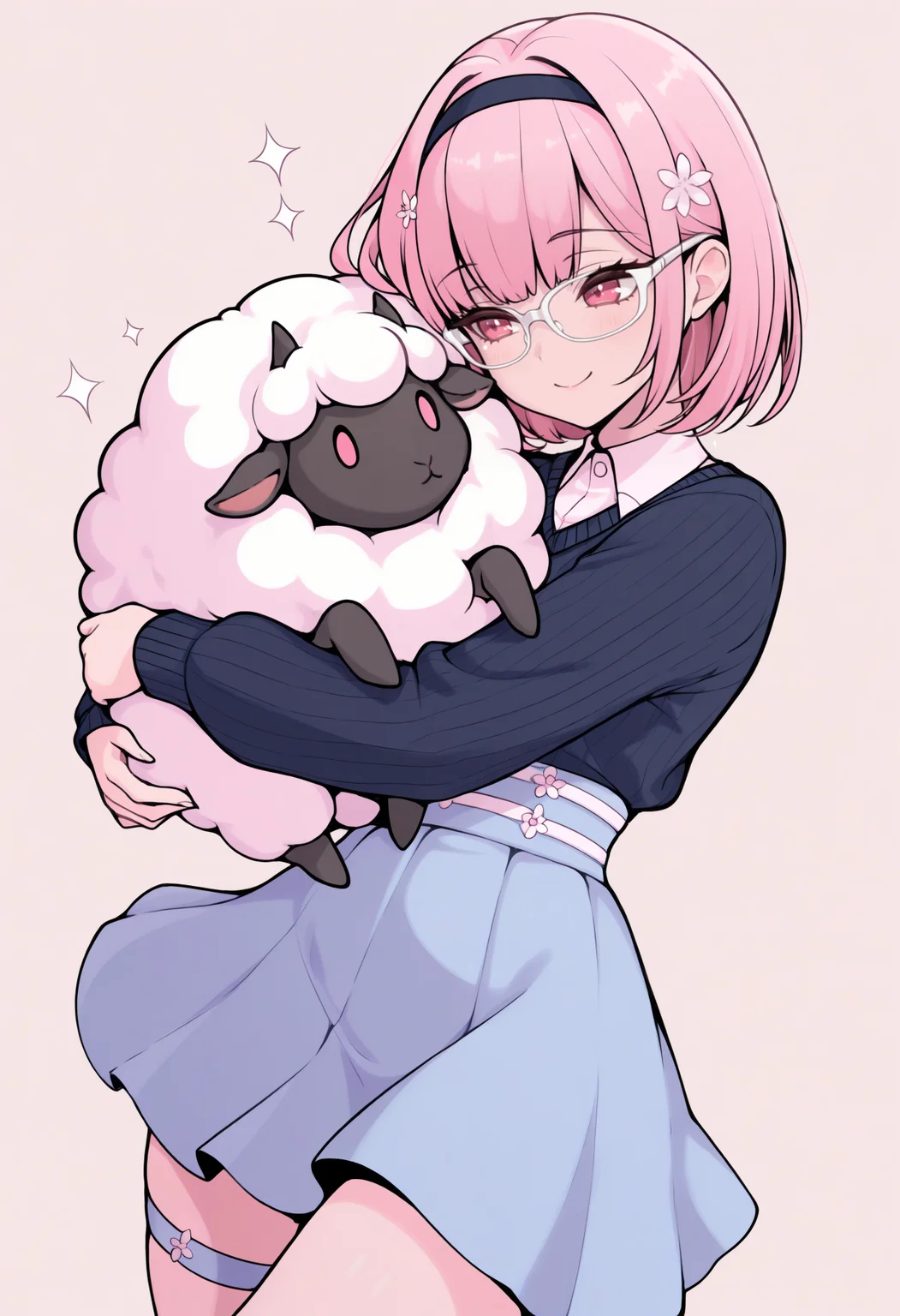 masterpiece, best quality, 1girl, solo, lineart, M0riKawaii, pink eyes, pink hair, medium hair, bob cut, hairband, hair flowers, white glasses, collared shirt, dark blue sweater, long sleeves, blue skirt, high-waist skirt, thigh strap, hug, holding sheep, cute, smile, sparkles, simple background, <lora:ChamCalliopeMoriNoob:1>