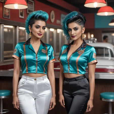 (full body shot) cute two indian middle aged women wearing a Retro diner-inspired prints satin_teeshirt, Mohawk hair style, hyperdetailed photography,4k textures,intricate details,4k resolution ship scene, ((dark cinematic still)) <lora:satin_teeshirt_v1:0.7>