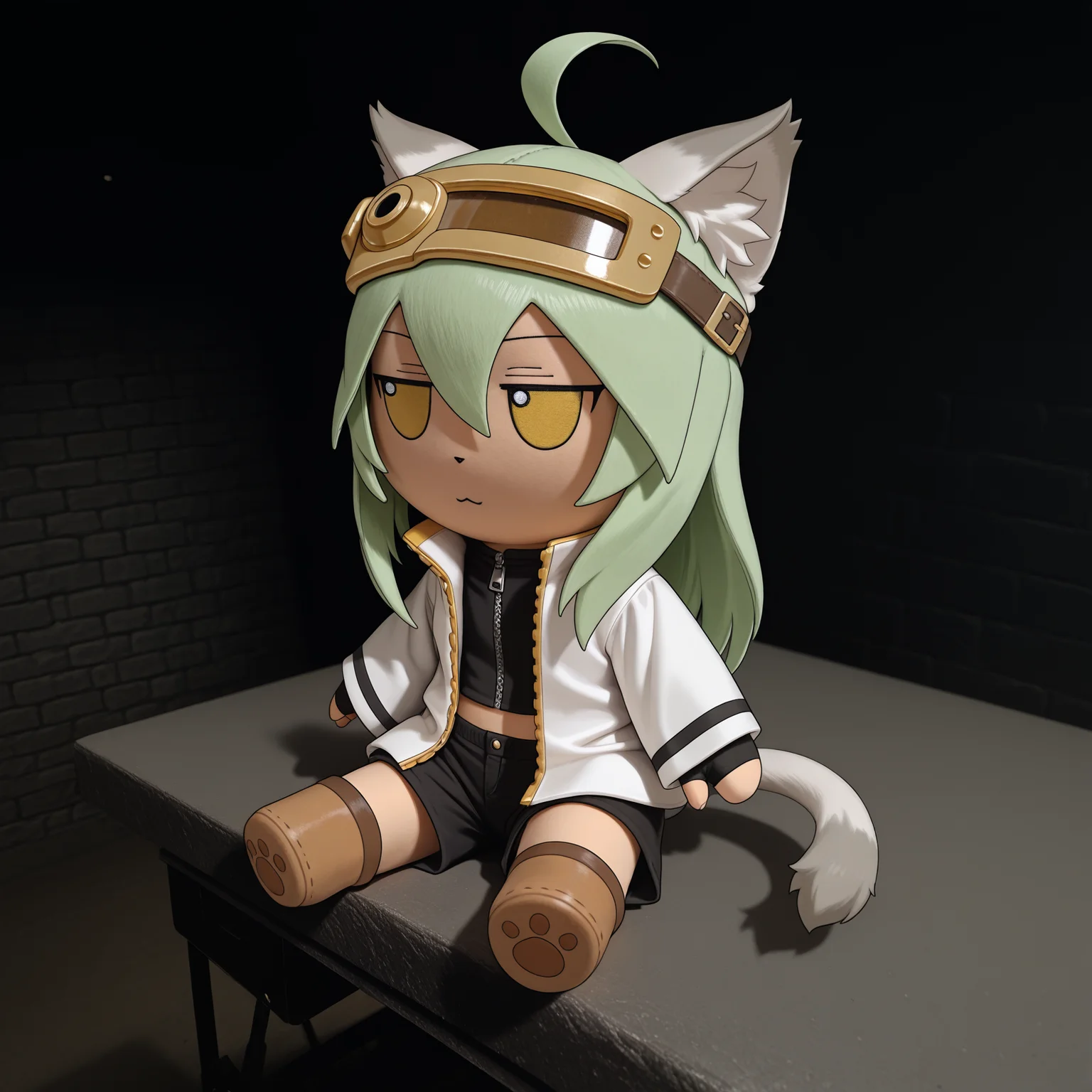 masterpiece, best quality, amazing quality, suzettesr, (photo background, photorealistic:1.5), chibi, solo, full body, close-up, (three-quarter view:1.2), (from side:0.75), furry female, cat girl, animal ears, tail, animal nose, green hair, long hair, ahoge, yellow eyes, goggles on head, white jacket, open clothes, zipper, zipper pull tab, undershirt, shorts, boots, paw print soles, fingerless gloves, midriff, fumo, jitome, fumos, plushie, cute, toys, dolls, toy, fumo style, Fumo plush doll, fumo \(doll\), stuffed toy, indoors, metal workbench, sitting on workbench, (dark, dark background:1.2), dim lighting, stone brick wall