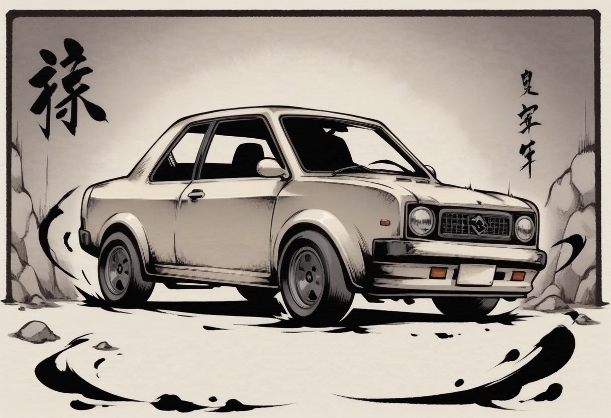 sumi-e, minimalist style, heavy ink, thick lines, smudged lines,
Chandra gasps in shock as a car crashes into the wall