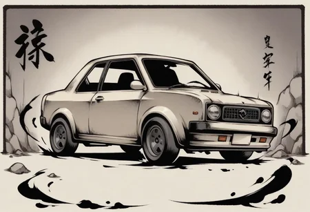 sumi-e, minimalist style, heavy ink, thick lines, smudged lines,
Chandra gasps in shock as a car crashes into the wall
