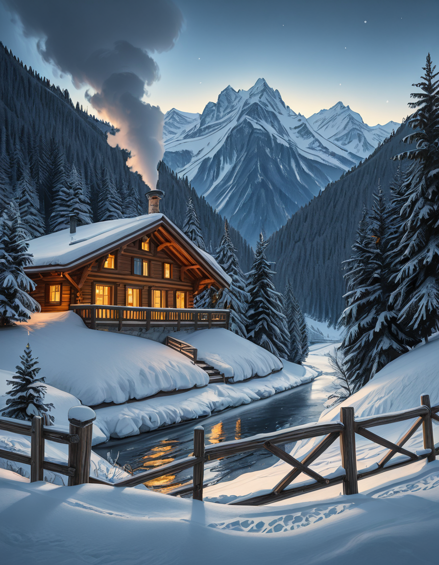 A stunning winter scene in the Tyrol region of Austria. A charming wooden chalet with traditional alpine architecture stands on a gentle snow-covered slope, surrounded by dense evergreen forests blanketed in fresh snow. The chaletâs warm interior lights glow softly through its large windows, creating a cozy contrast against the cool twilight hues of the sky. A plume of smoke drifts from the chimney, hinting at a roaring fireplace inside. In the foreground, a small wooden fence is partially buried under the snow, while a frozen river winds through the valley, reflecting the moonlight. Towering, snow-capped peaks of the Austrian Alps dominate the background, adding a breathtaking sense of grandeur. Snowflakes gently fall, adding movement and depth to the peaceful, picturesque scene. The image is hyper-realistic, capturing the intricate textures of the wood, snow, and ice, with cinematic lighting that highlights the magical winter ambiance.
<lora:SDXLFaeTastic2400:0.4> <lora:extremely_detailed:0.4> extremely detailed,winter scene in the Tyr0l, <lora:winter_scene_in_the_Tyr0l-i:1>, Masterpiece,best quality,hi res,8k,hi res,8k,award winning,(sharp focus, intricate, highly detailed),