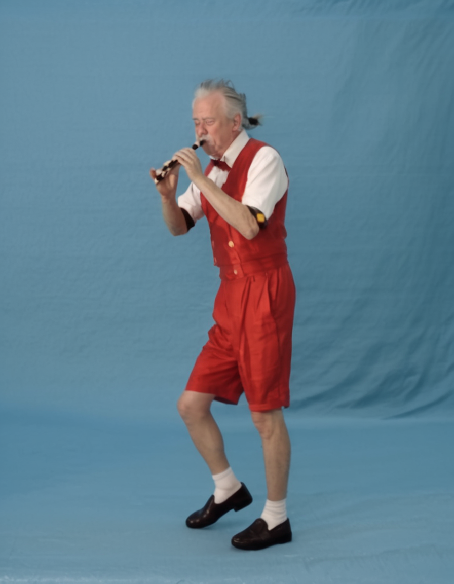 swsb-style, old man, playing recorder, blue background, video still